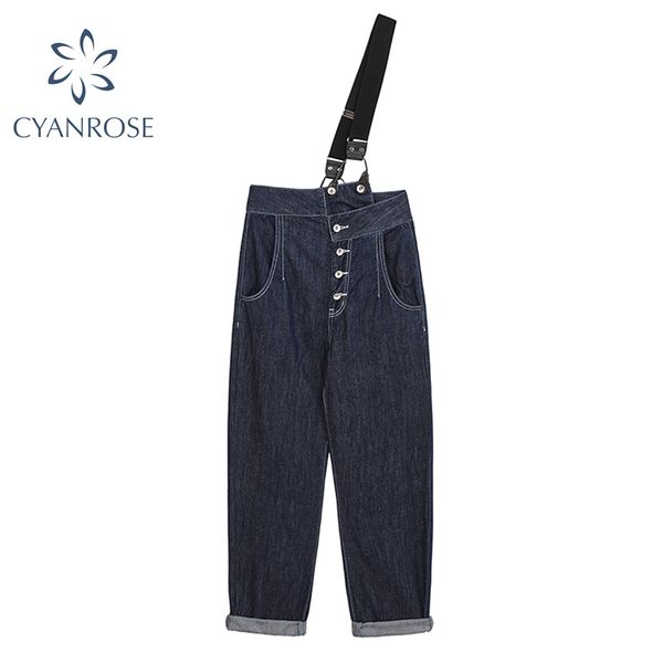

jeans women denim harem pants streetwear casual vintage design button pockets decor high waist shoulder straps denim trousers 210417, Blue