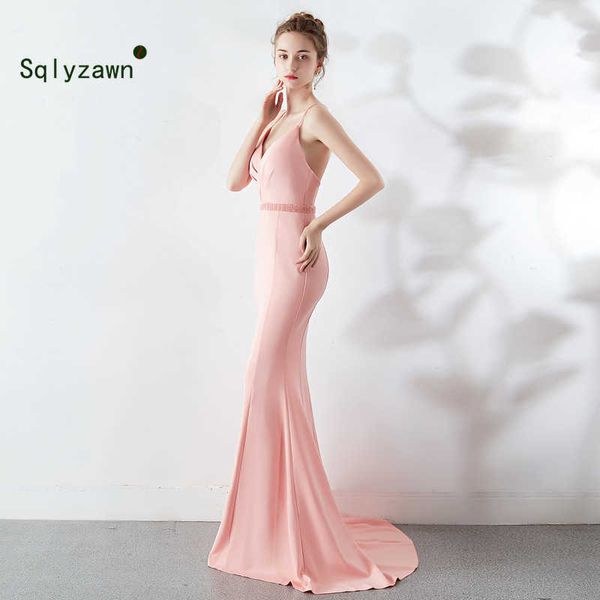 

vestido de festa sweet pink satin v-neck evening long dress bruid party backless mermaid prom split maxi dresses 210709, Black;gray
