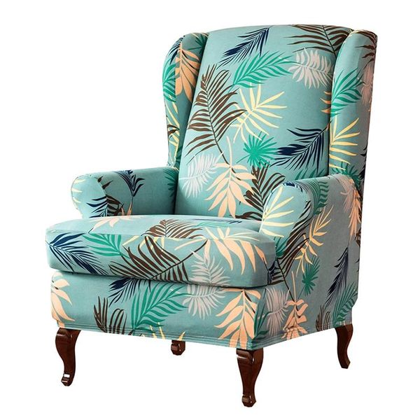 

leaves printed wing back chair cover spandex stretch armchair slipcover elastic wingback protector 2 pieces set covers