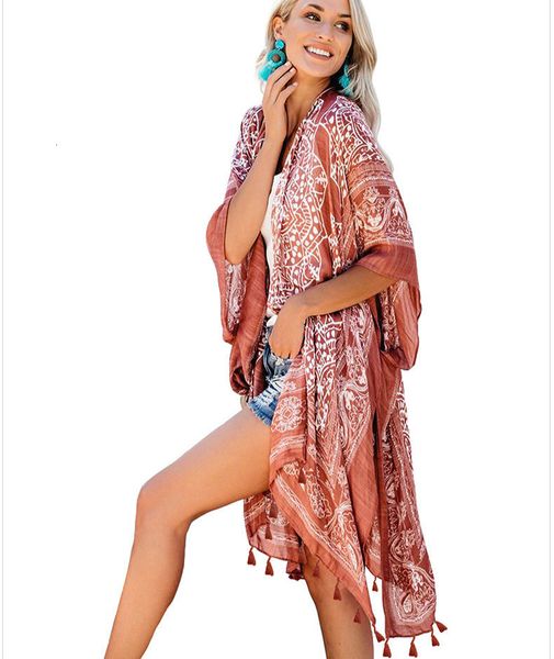 

casual dresses ethnic floral print long blouse beach bikini coverup women robe fringe tunic summer cardigan swim kimono cover up k2xf, Black;gray