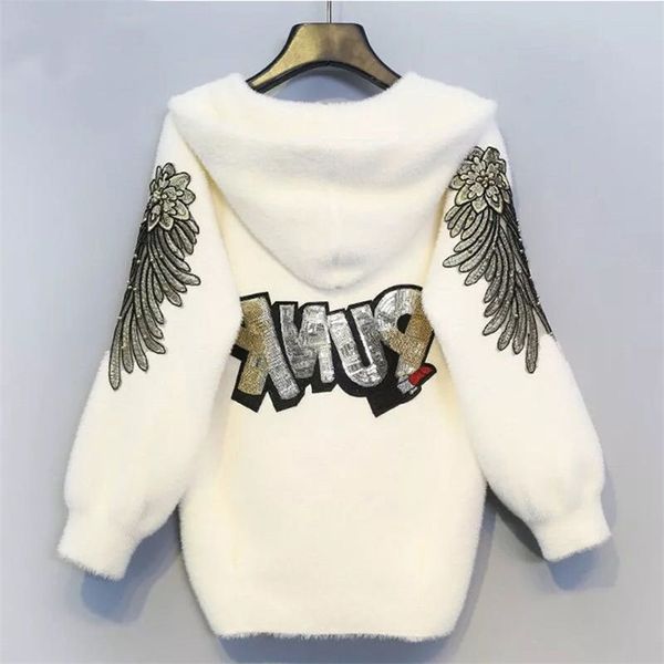 

female autumn and winter models short hooded jacket long-sleeved solid color embroidery letter knit cardigan sweater women 210910, Black