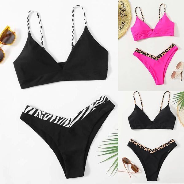 

women's swimwear 2021 summer bikini set women low waist leopard print split swimsuit push up bandeau thong brazilian biquini s-l, White;black