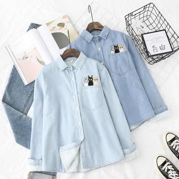 

women's blouses & shirts women tunic womens 2021 womenswear long sleeve clothing button up down thick velvet winter cat jeans denim, White