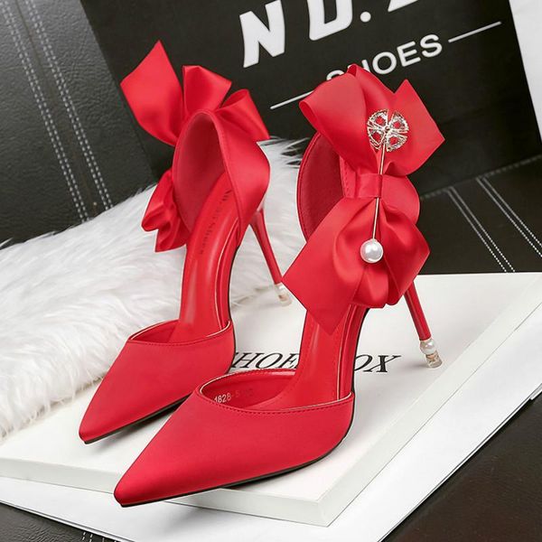 

the women shoes bow knot high heels fashion solid shallow poited toe cover heel thin wedding slip-on party sandals, Black