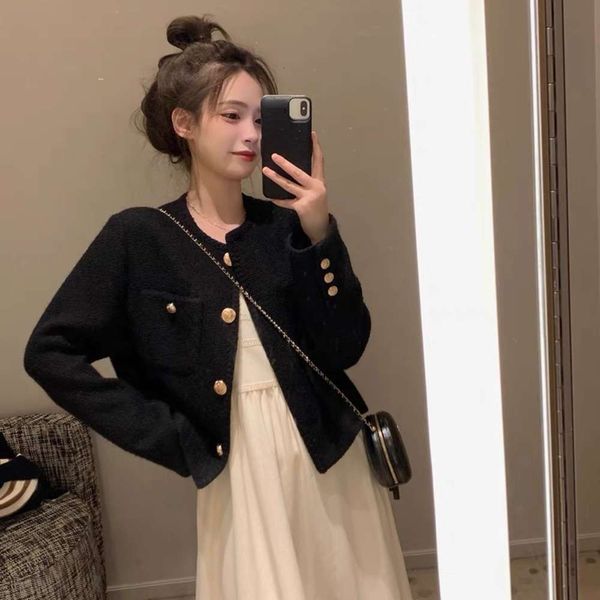 

zhenzhen family black woven small fragrance coat women's autumn temperament long sleeve short top, Black;brown