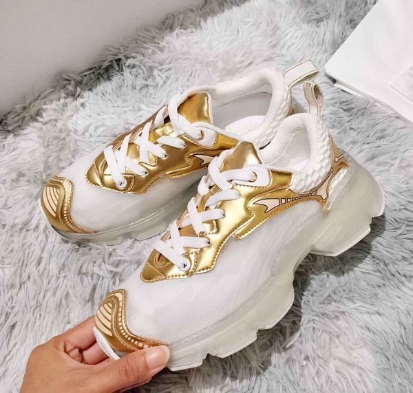 

famous s/s couple vibe sneakers shoes white silver gold-tone mesh leather trainers lace up outdoor sports casual walking eu35-45.with box, Black