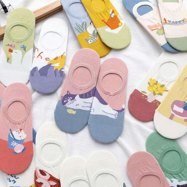

pairs of invisible socks spring and summer creative illustration lovers creative design cotton female, Black;white