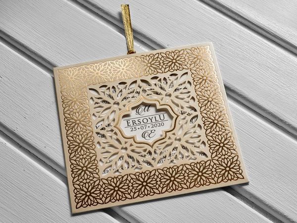 

laser cut wedding invitation card gold color (rope gift) 50 piece greeting cards