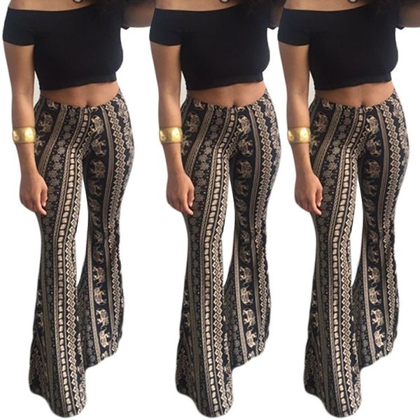 

pant boho print high waist long stretch bell bottom trousers ladies slim flared pants, Black;white