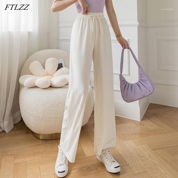 

spring summer arrival women casual loose knitting long pants ladies solid high waist drawstring wide leg women's & capris, Black;white