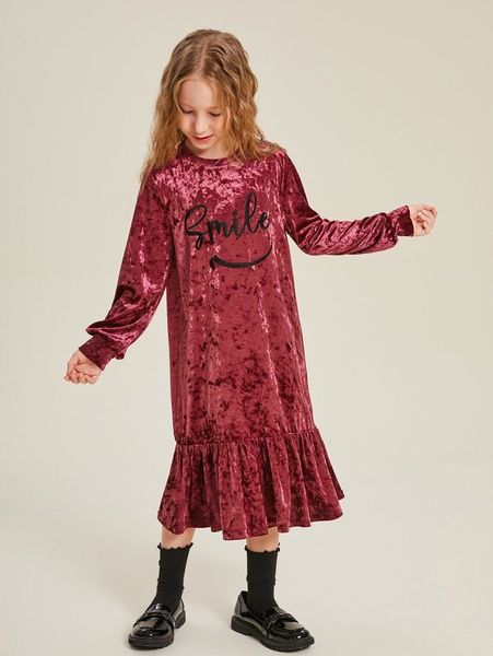 

girls letter embroidery ruffle hem velvet dress she, Red;yellow