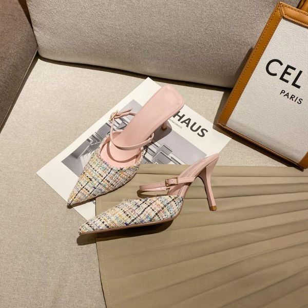 

sandals 2021 girls high-heeled shoes fashion pointed toe stiletto mules duffle fabric baotou women, Black