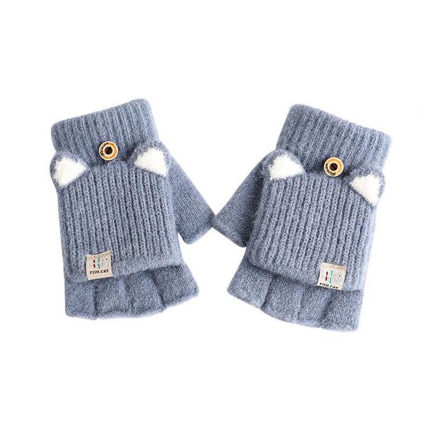 

five fingers gloves winter keep warm sweet knitted convertible flip fingerless mittens for women girl fashion, Blue;gray
