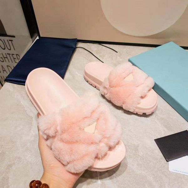 

designer women winter slippers fashion solid color triangle open toe wool furry slide flat heel indoor lady fur slides shoes, Black