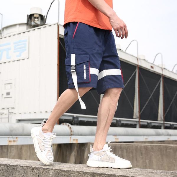 

streetwear summer casual shorts men side-pockets ribbons mens cargo knee length bermuda hip hop cotton men's, White;black