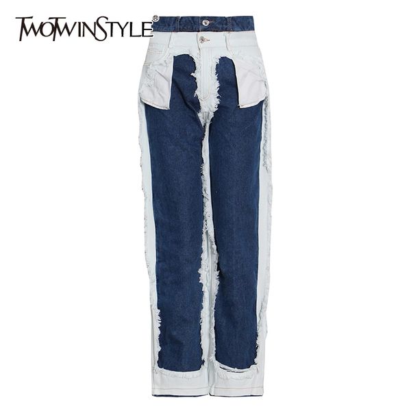 

twotwinstyle streetwear patchwork tassel jeans for women high waist straight casual wide leg denim pants female fashion new 210428, Blue