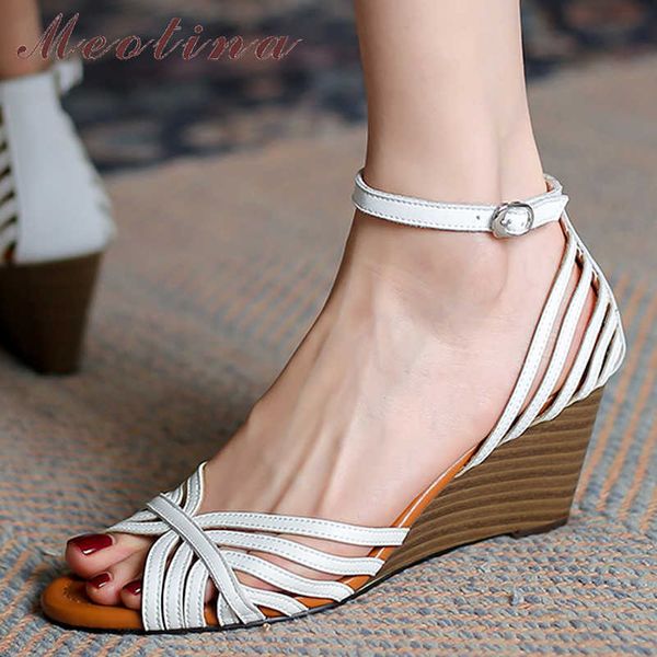 

meotina sandals shoes women wedges high heel sandals buckle ankle strap shoes round toe ladies footwear summer white 210608, Black