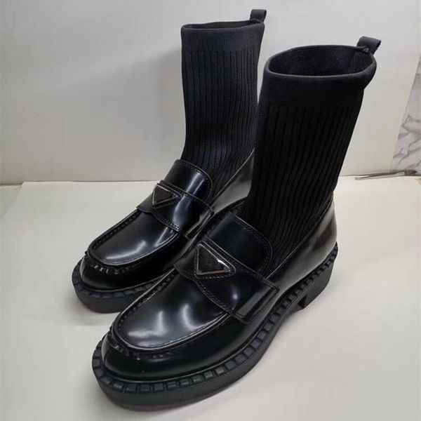 

boots genuine leather squared heels sock women metal buckle decorative ankle ladies preppy style knitted, Black