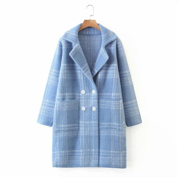 

evfer women winter thick plaid loose woolen long coat outwear stylish lady double breasted jackets girls casual streetwear 210421, Black;brown