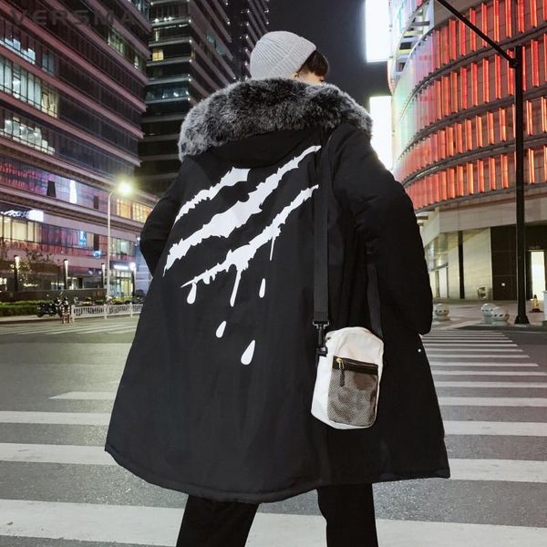 

men's down & parkas versma japanese print loose long coat winter parka men hip hop streetwear fur collar mens youth jackets drop, Black