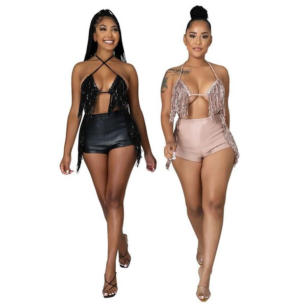 

women's tracksuits wuhe women set solid tassel bandage halter crop skinny shorts two 2 piece sets night clubwear summer outfits, Gray