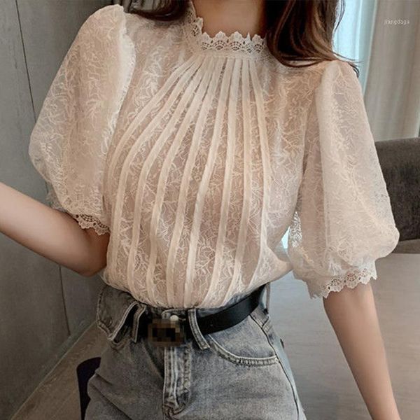 

stand collar loose short sleeve lace shirt female stitching striped flower bubble bottoming pullover blouse women spring women's blouse, White