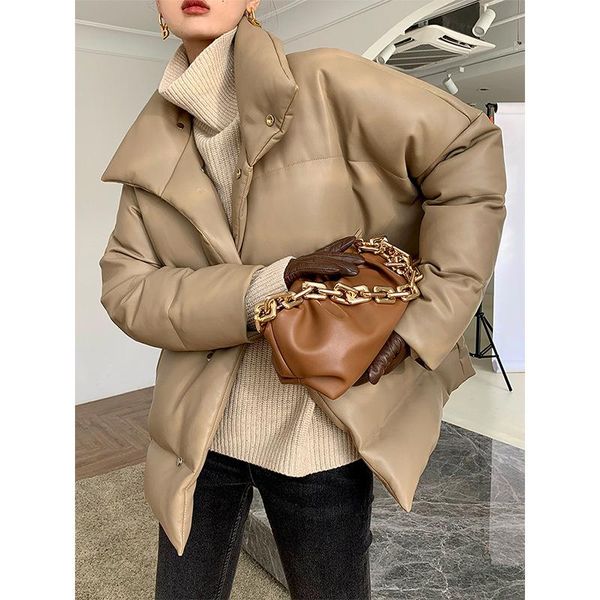 

women's down & parkas short jacket female white duck silhouette stand collar thickened loose leather, Black