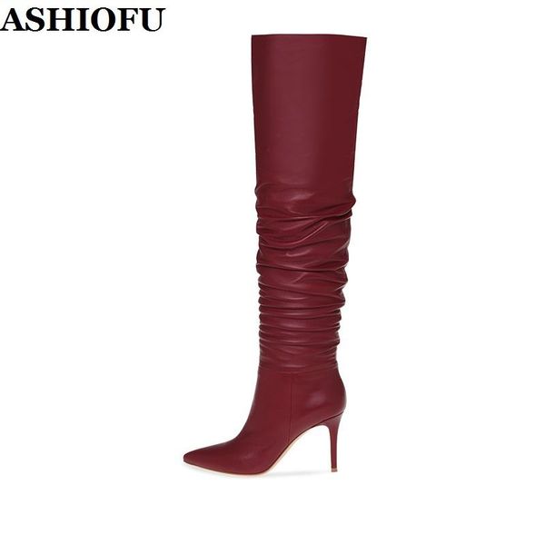 

boots ashiofu handmade ladies high heel pleated leather party prom knee evening club fashion winter, Black