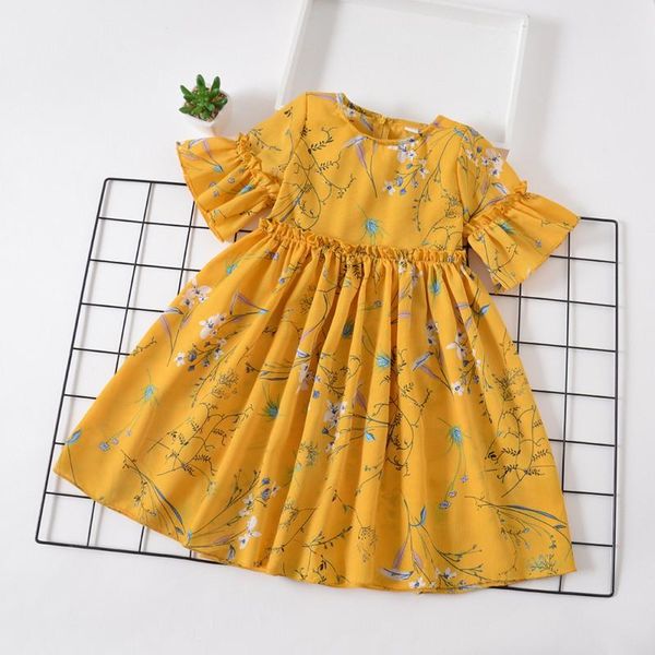 

girl's dresses kids girl summer dress casual short sleeves flare sleeve ruched floral print girls roupa infantil pageant sweet sundress, Red;yellow