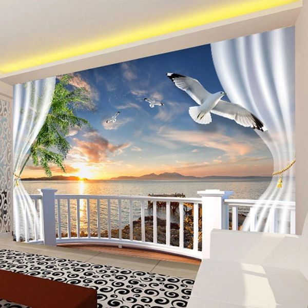 

custom p 3d balcony curtains sunset seascape wall home decor living room sofa tv backdrop mural wallpaper