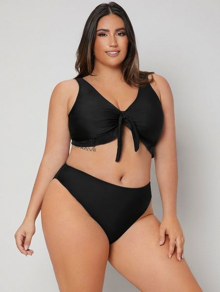 

plus knot front high waisted bikini swimsuit t5y5#, Black