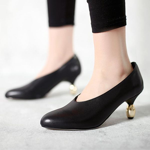 

dress shoes handmade round toe 6cm high strange heels pearl decoration elegant daily wear deep mouth cozy slip on women pumps hl muyisexi, Black