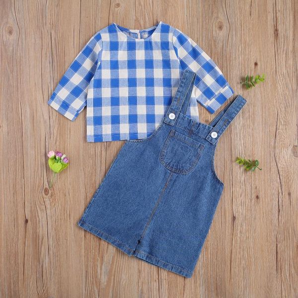 

clothing sets girl'stwo piece set, plaid shirt long sleeve ,denim button overalls, White
