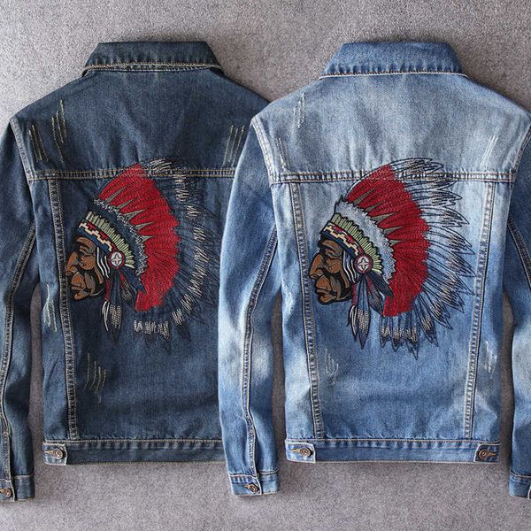 

men's jackets fashion streetwear retro blue indian totem embroidery ripped denim jacket coats designer hip hop chaqueta hombre 7dr, Black;brown
