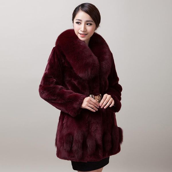 

women's fur & faux natural rex coat luxury jacket with real collar coats winter warm outwear plus size 5xl yq823, Black