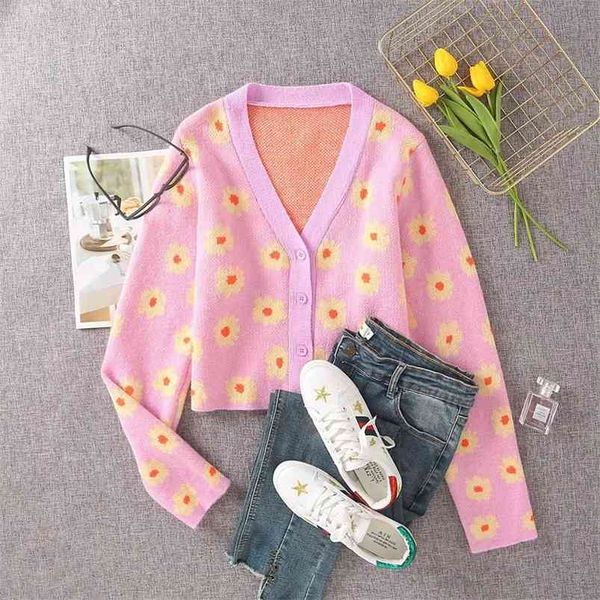 

floral knitted cropped sweater cardigan v neck vintage button cute short autumn winter pink 210427, White;black