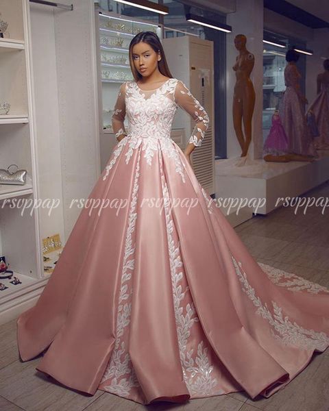 

party dresses gorgeous sheer long sleeve puffy ball gown formal evening gowns white lace pink arabic women dress 2021, White;black