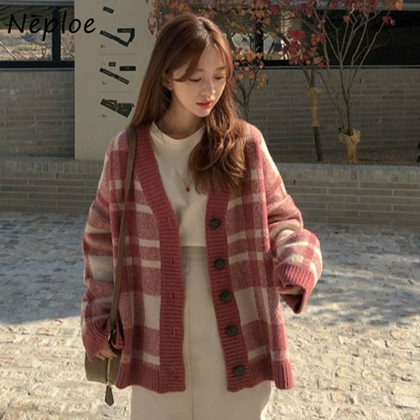 

neploe fashion ins sweater women spring autumn coat plaid loose knitted ladies v-neck cardigan outwear sweaters 1e826 210423, White