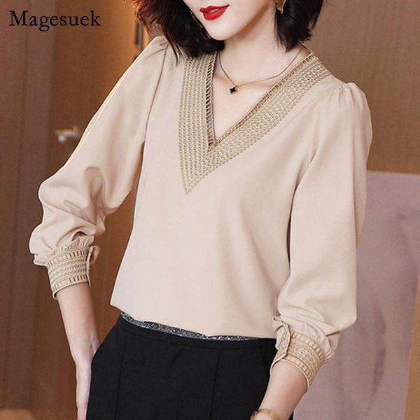 

women's blouses & shirts casual 2021 long sleeve solid women plus size v-neck loose chiffon shirt hollow satin silk blouse 13709, White