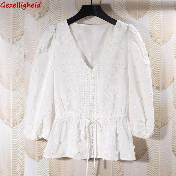 

women's blouses & shirts gezelligheid 2021 summer french elegant fashion slim streetwear embroidered flower v-neck puff sleeve lace-up, White