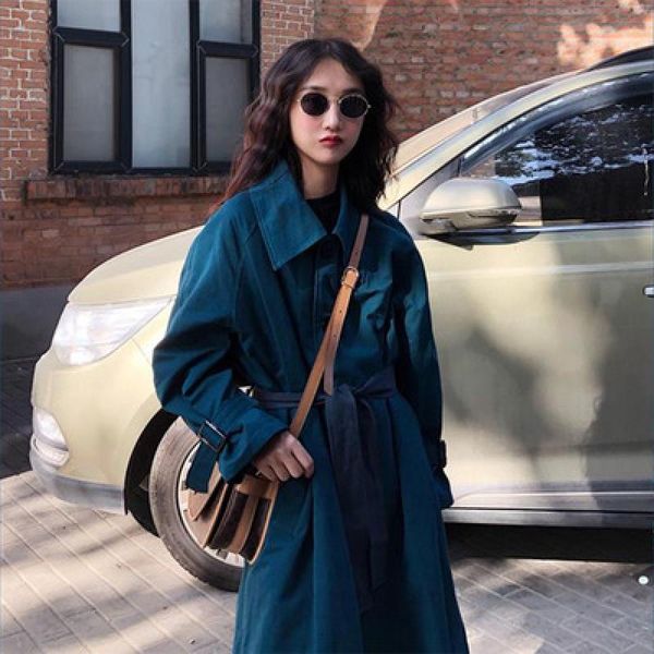 

women's trench coats 2021 autumn women all-match blue windbreaker female lace up jacket ladies temperament coat girls double breasted o, Tan;black