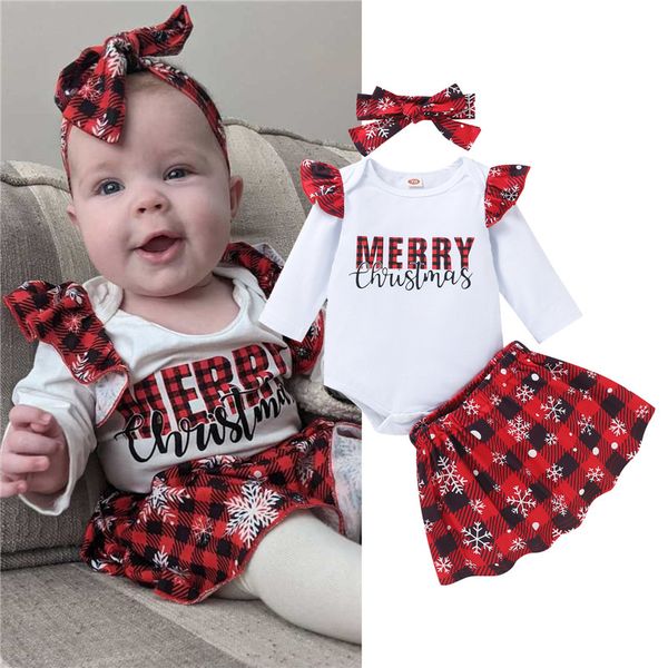 3 pcs toddler baby meninas de natal roupa impressão letra plissada manga comprida romper tops + xadrez saia + bandband roupas conjunto