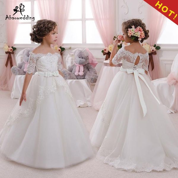 

girl's dresses elegant vestido de primera communion romance lace up off the shoulder appliques key hole soft tulle ball gown 2-12 year, Red;yellow