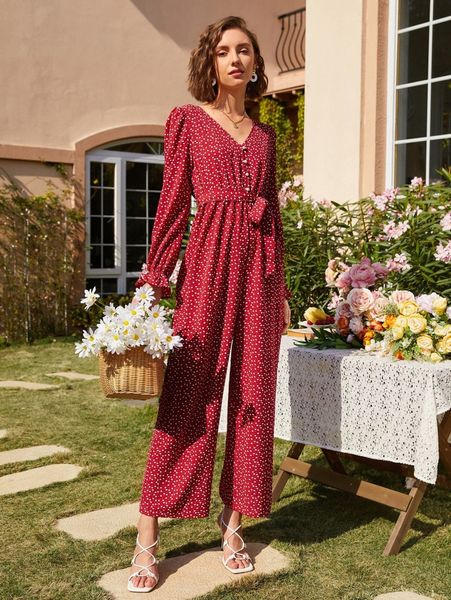 

polka dot & heart print belted jumpsuit q9ht#, White