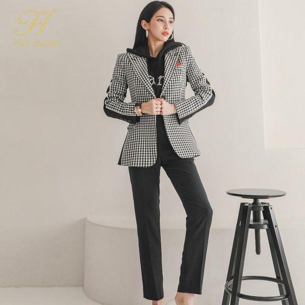 

han queen set female autumn winter pants suit fashion slim contrast plaid jacket + high waist pant 2021 women's clothing two piece, White