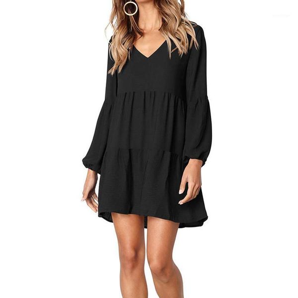 

casual dresses women solid color beach dress adults v-neck long sleeve pleated black green red yellow light brown dark blue), Black;gray
