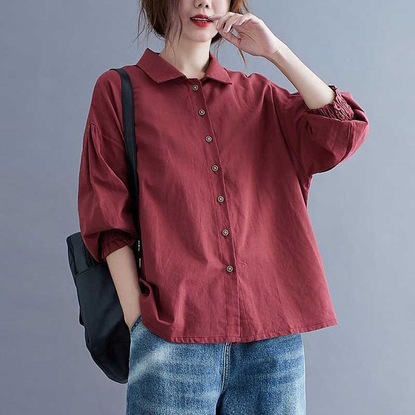 

women's blouses & shirts mori's lantern sleeve cotton and linen shirt 2021 spring loose large size literature art leisure solid co, White