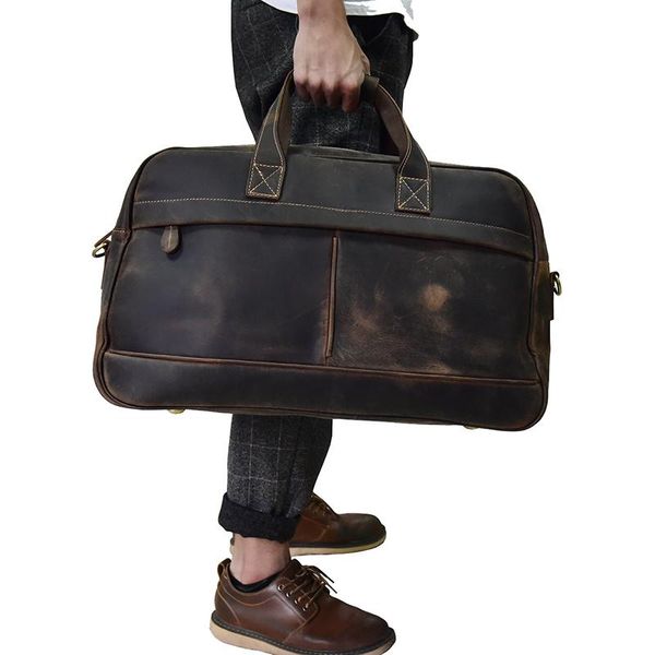 

duffel bags men genuine leather travel bag 18" real weekend large vintage crazy horse luggage big tote