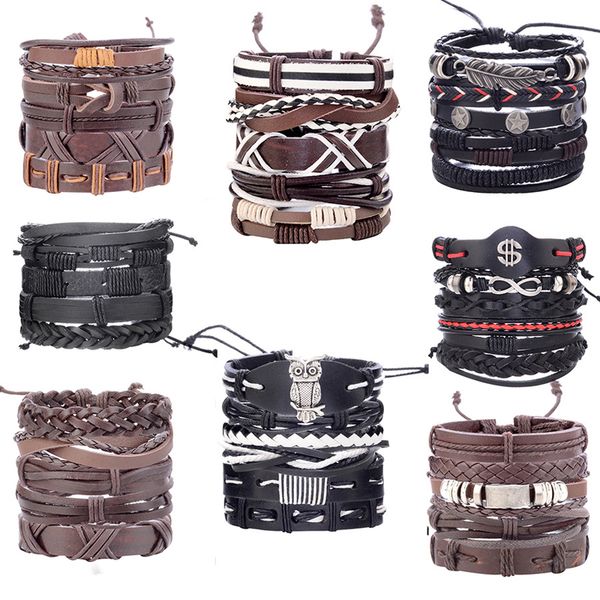 

vintage leaf feather multilayer leather bracelet men fashion braided handmade star rope wrap bracelets & bangles, Golden;silver
