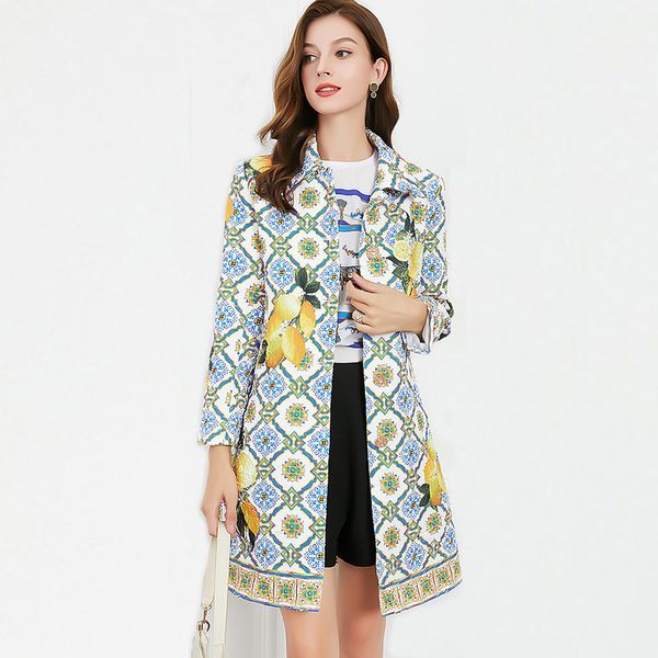 

women's runway trench coats turn down collar long sleeves printed jacquard fashion outerwear, Tan;black